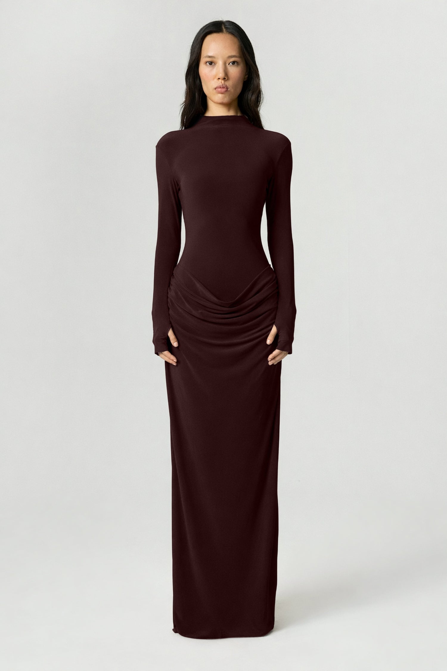High-Neck Sculpted Ruched Maxi Dress