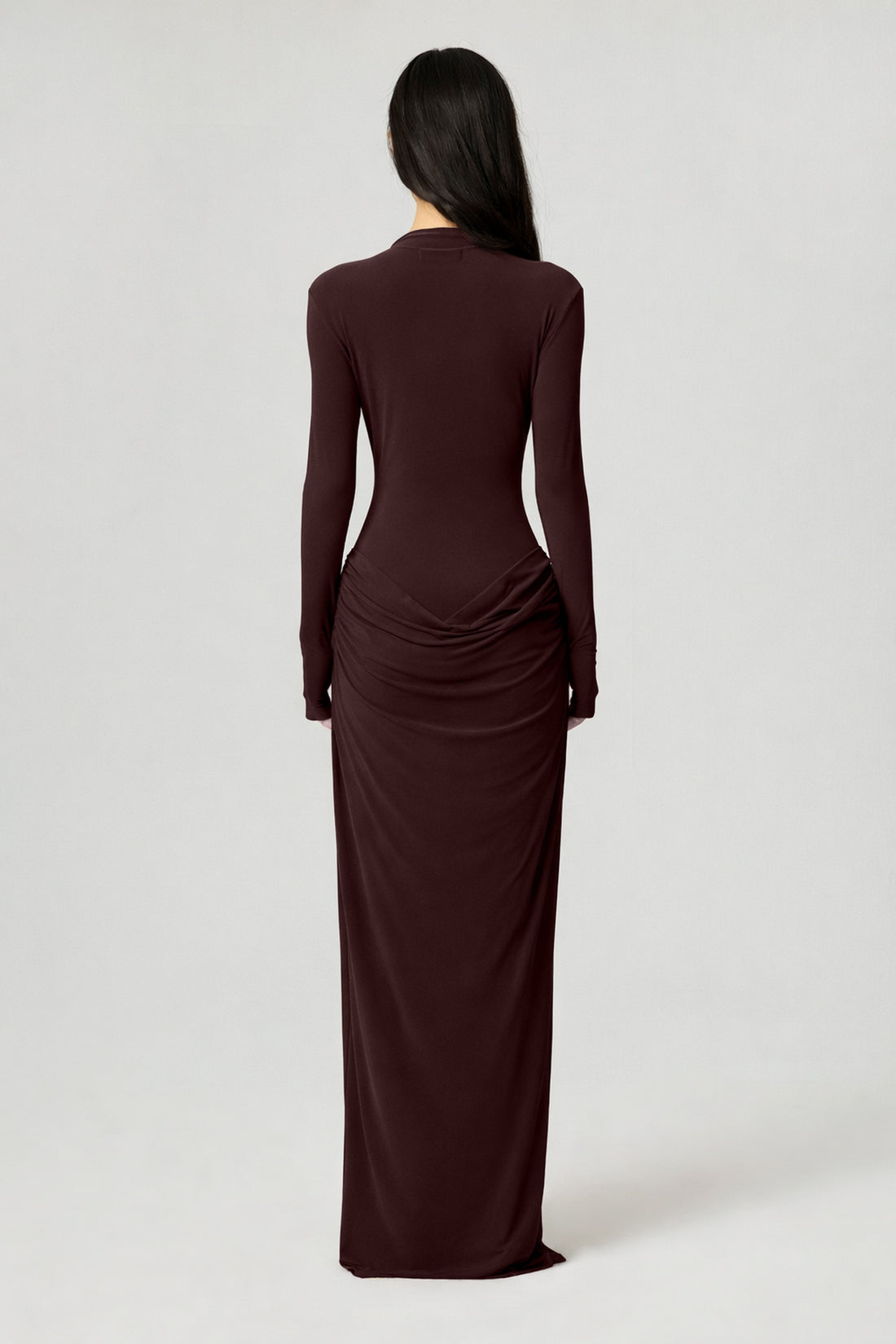 High-Neck Sculpted Ruched Maxi Dress