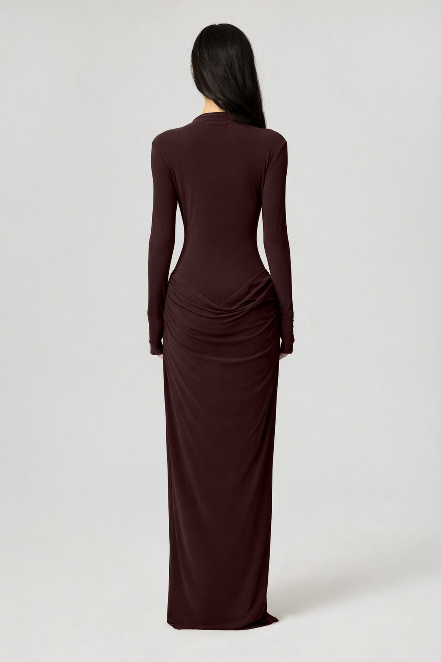 High-Neck Sculpted Ruched Maxi Dress