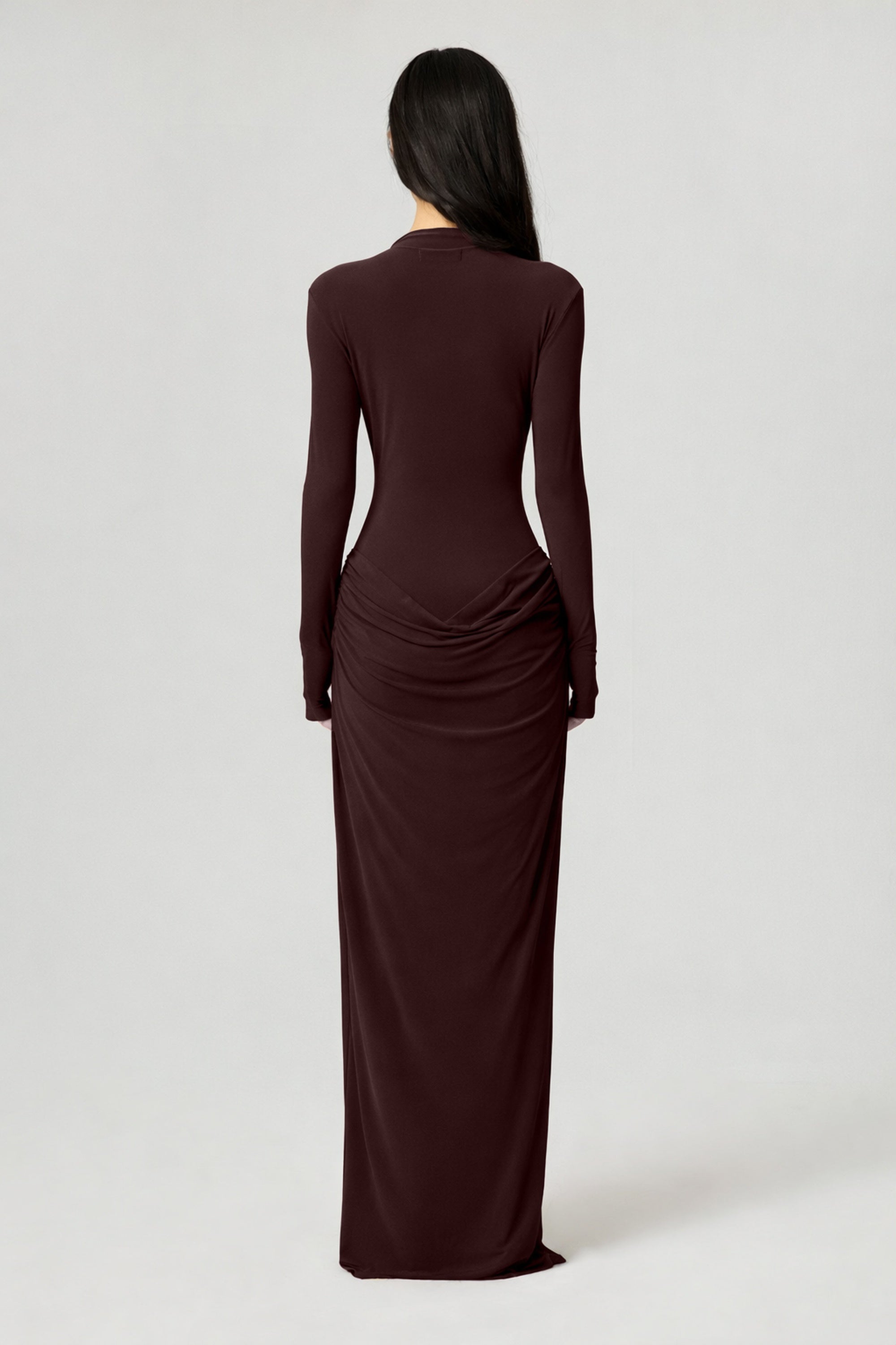 High-Neck Sculpted Ruched Maxi Dress