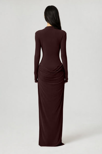 High-Neck Sculpted Ruched Maxi Dress