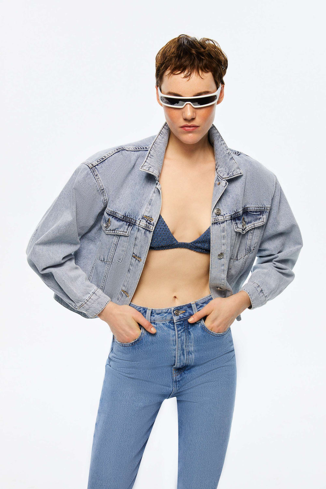 Cropped Denim Jacket with Shoulder Pads