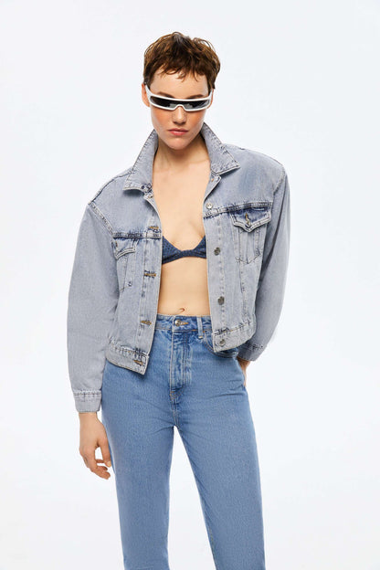 Cropped Denim Jacket with Shoulder Pads