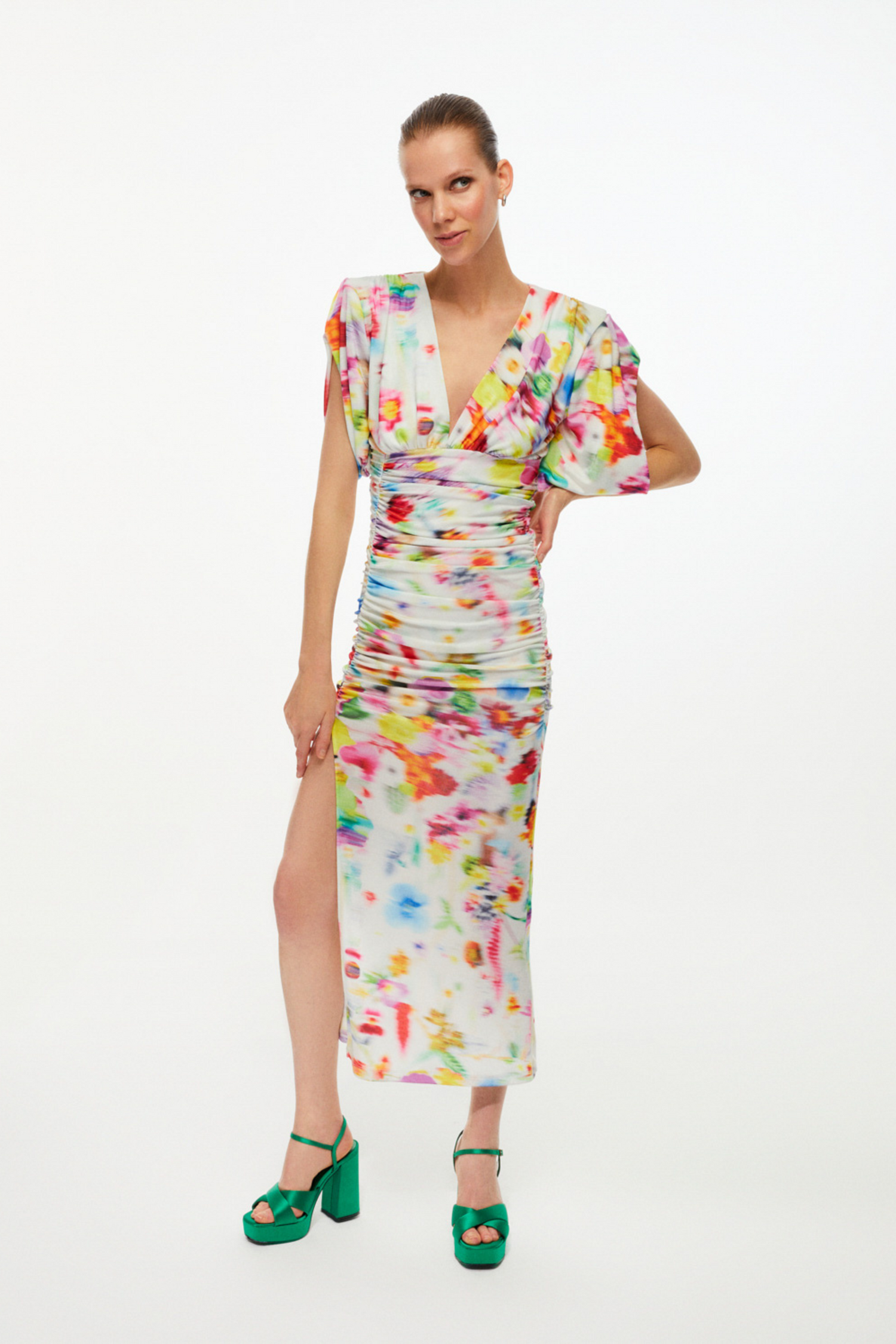 Printed Shoulder Pad Draped Dress