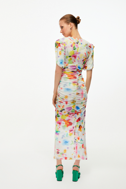 Printed Shoulder Pad Draped Dress