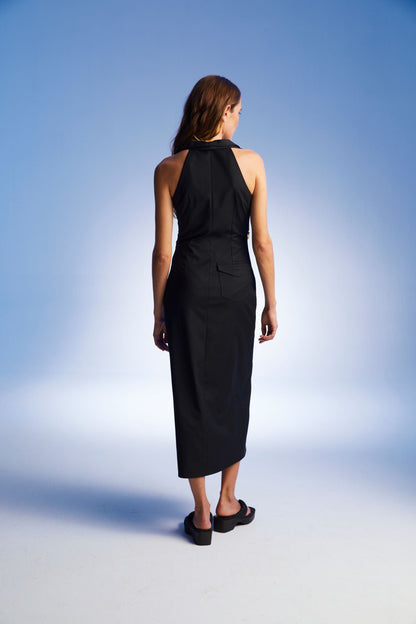 Midi Dress with Belt Designed Collar