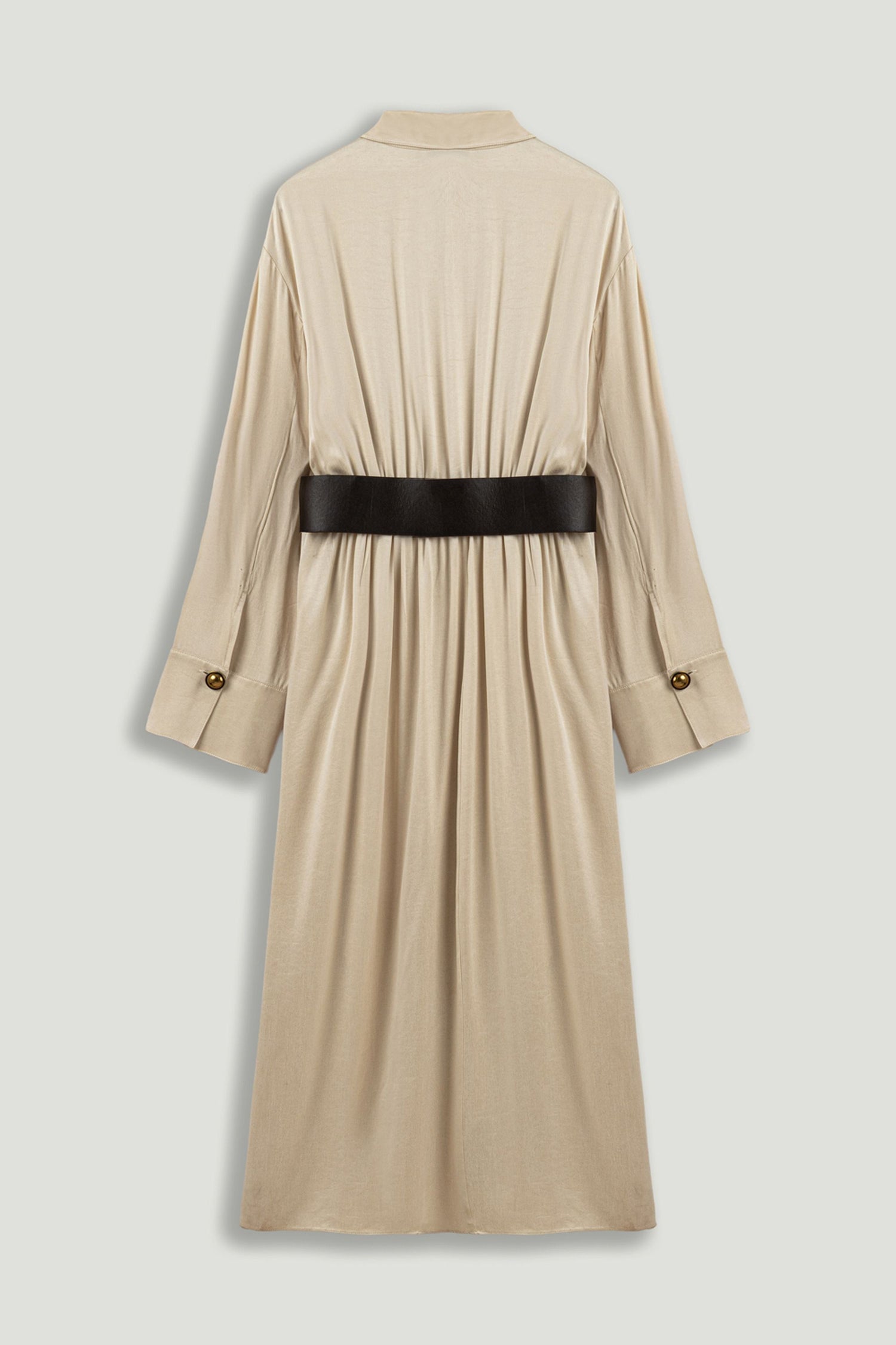 Belted Draped Shirt-Collar Maxi Dress