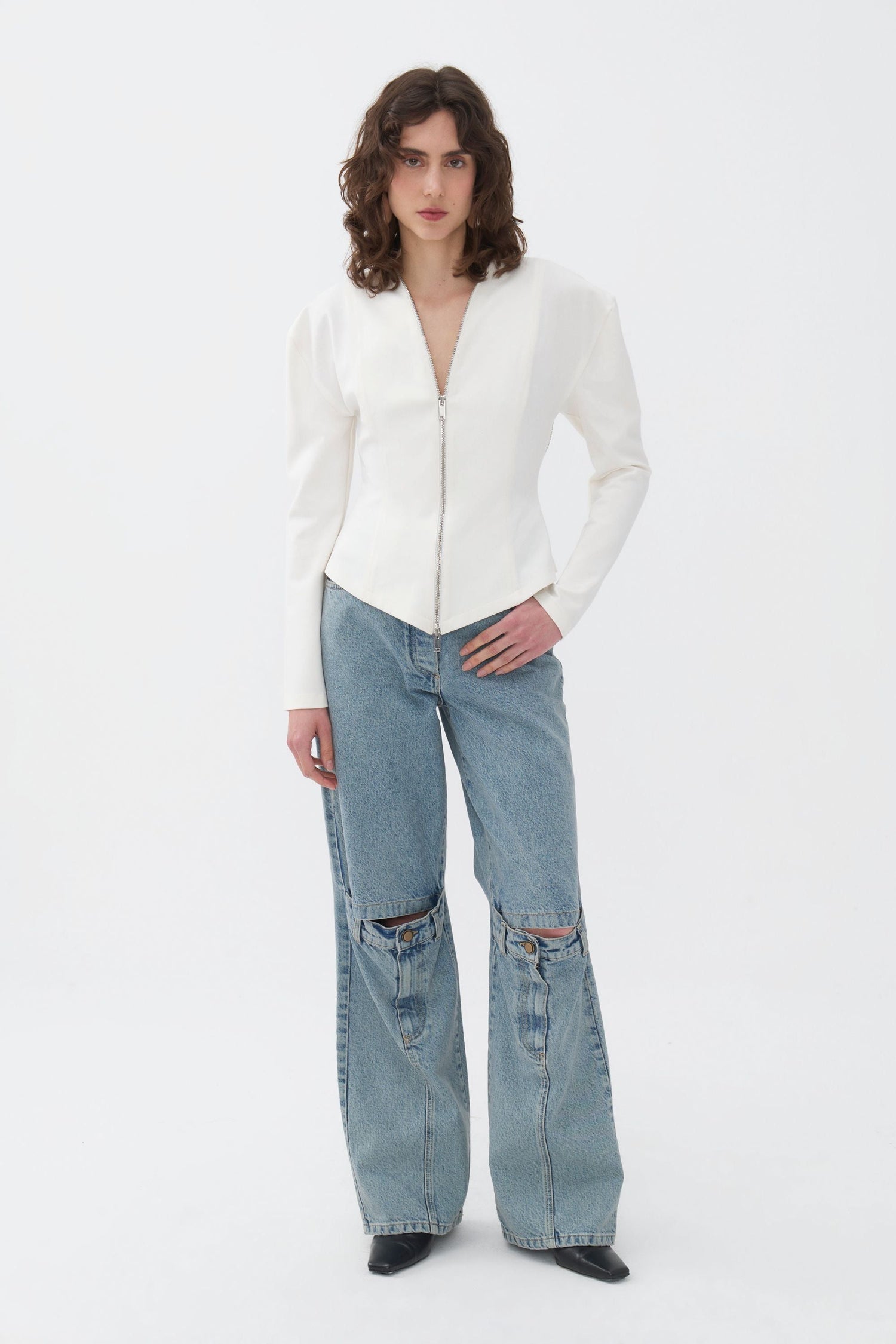 Ecru Zipper Detailed Blouse