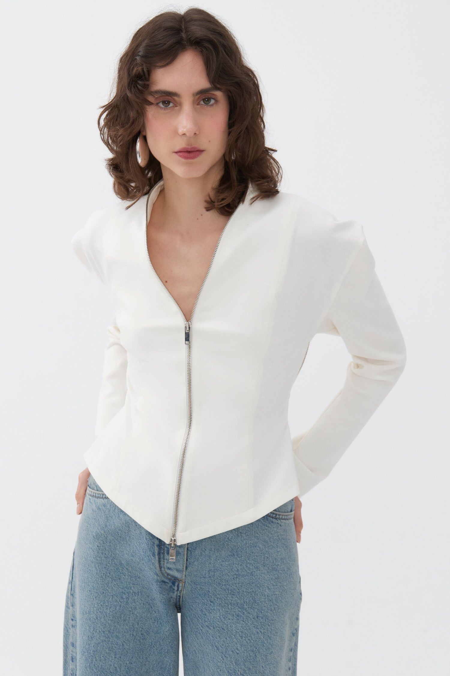 Ecru Zipper Detailed Blouse