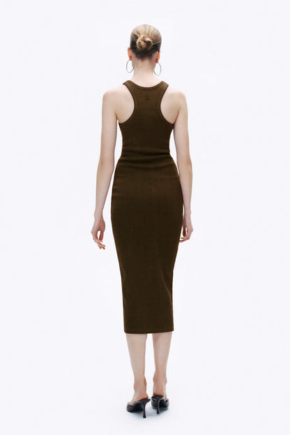 Coffee Printed Detail Maxi Bodycon Dress