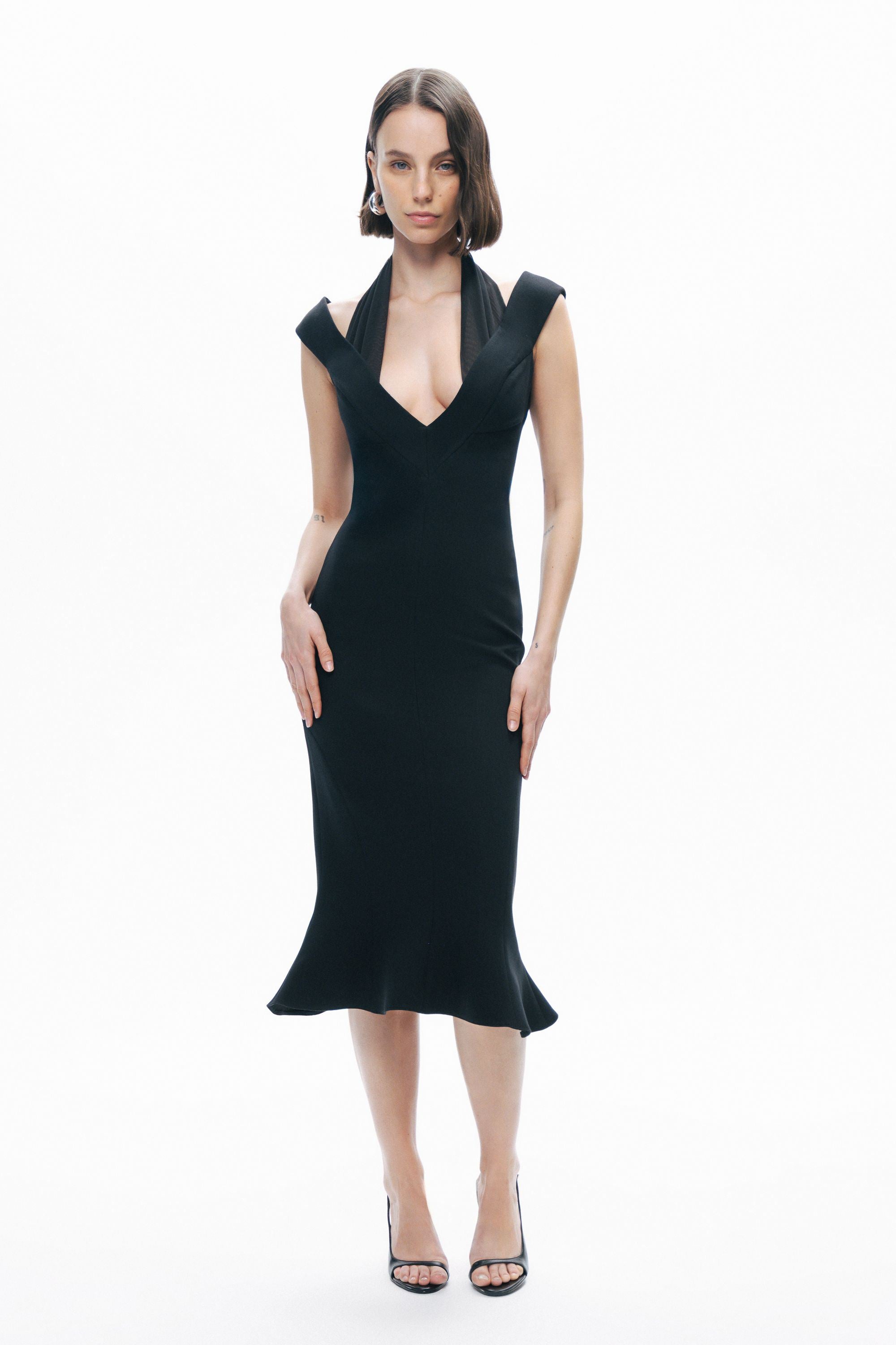 Black Chiffon Detailed Midi Dress