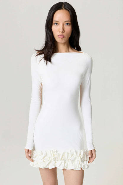 Ecru Frill Detailed Jersey Mini Dress