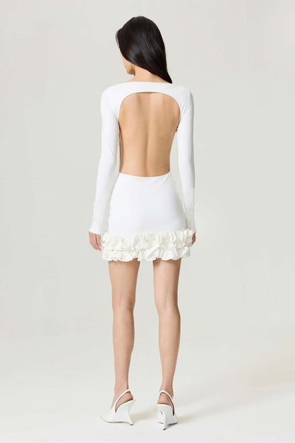 Ecru Frill Detailed Jersey Mini Dress