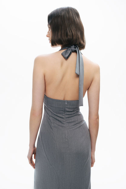 Anthracite Tie Neck Asymmetrical Midi Dress