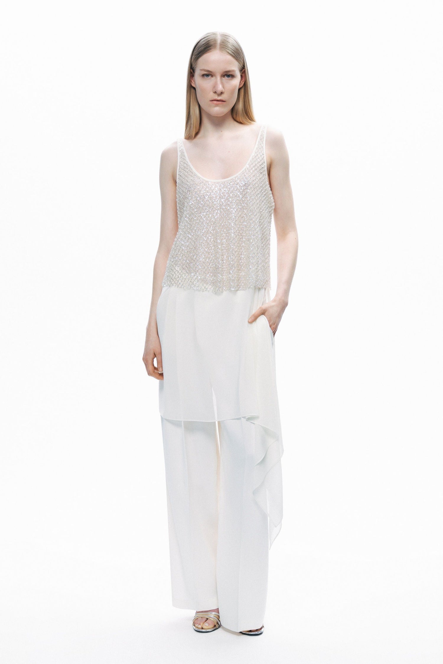 Ecru Open Back Crystal Stone Detailed Blouse