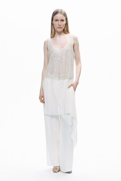 Ecru Open Back Crystal Stone Detailed Blouse