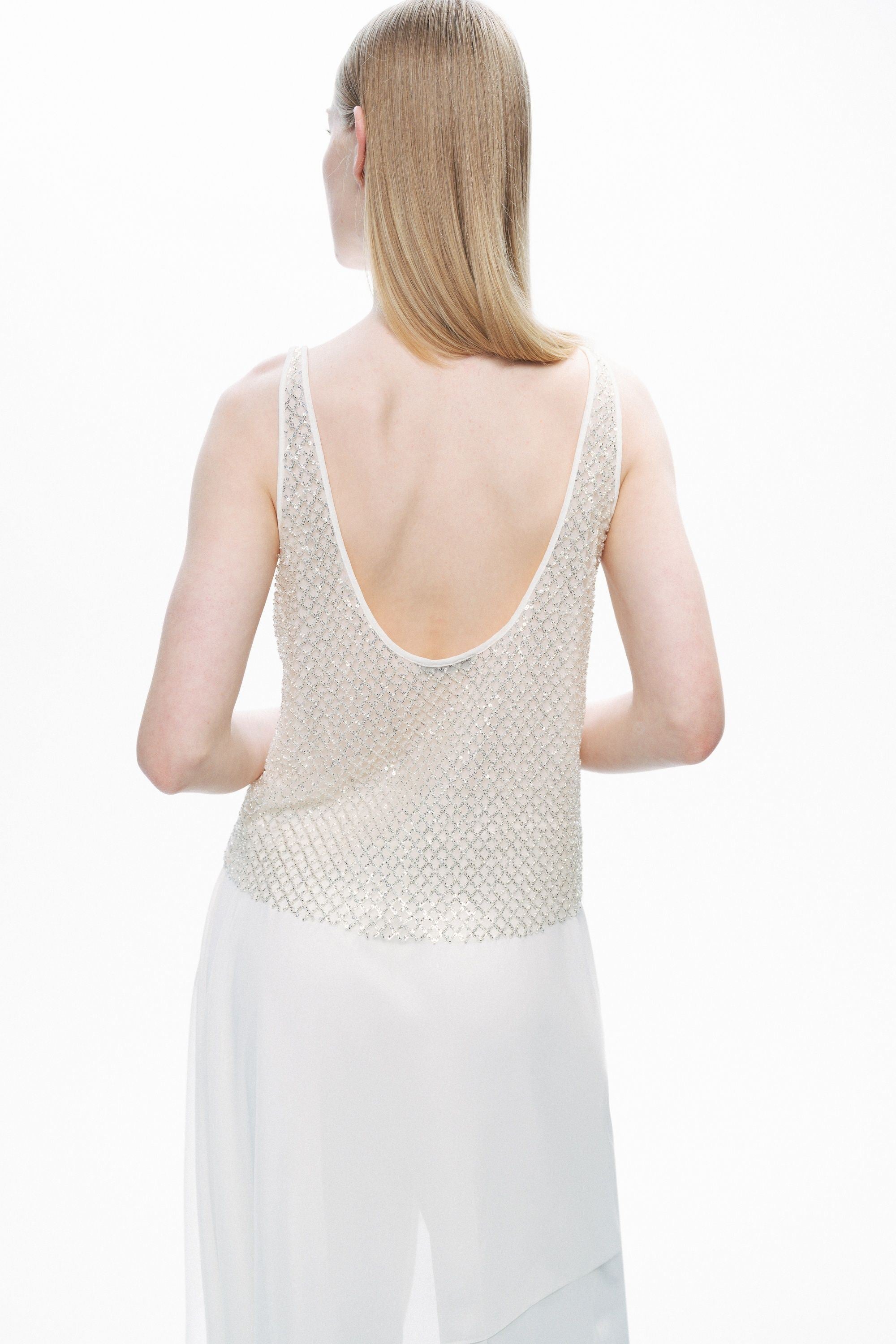 Ecru Open Back Crystal Stone Detailed Blouse