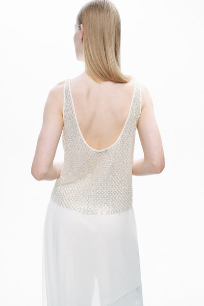 Ecru Open Back Crystal Stone Detailed Blouse