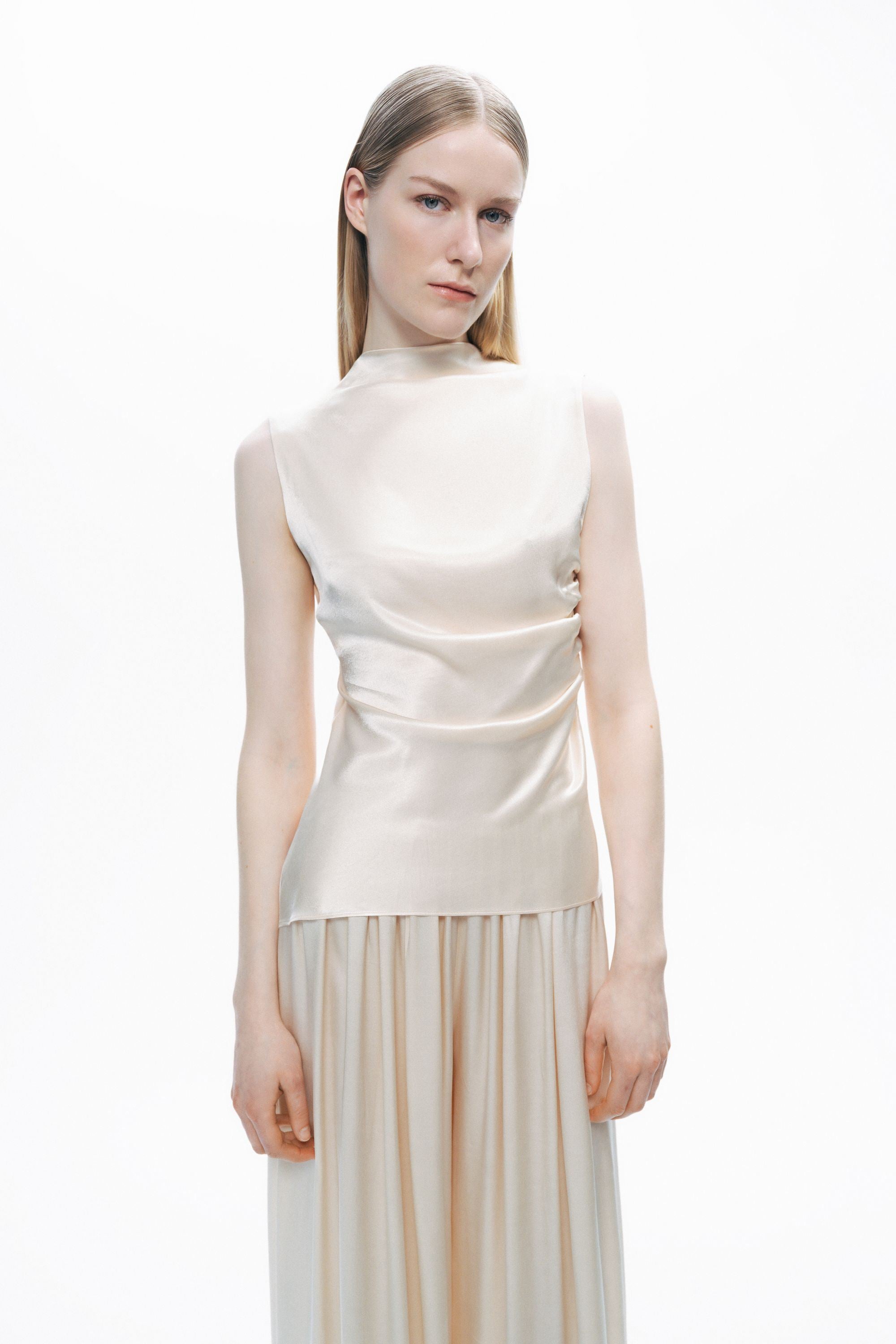 Powder Draped Open-Back Detail Blouse