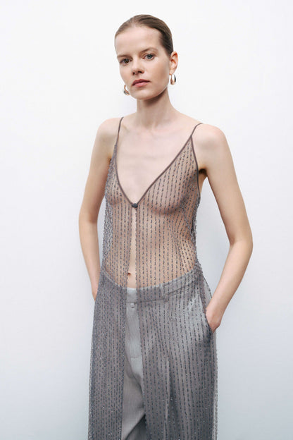 Anthracite Bead Embroidered Maxi Vest