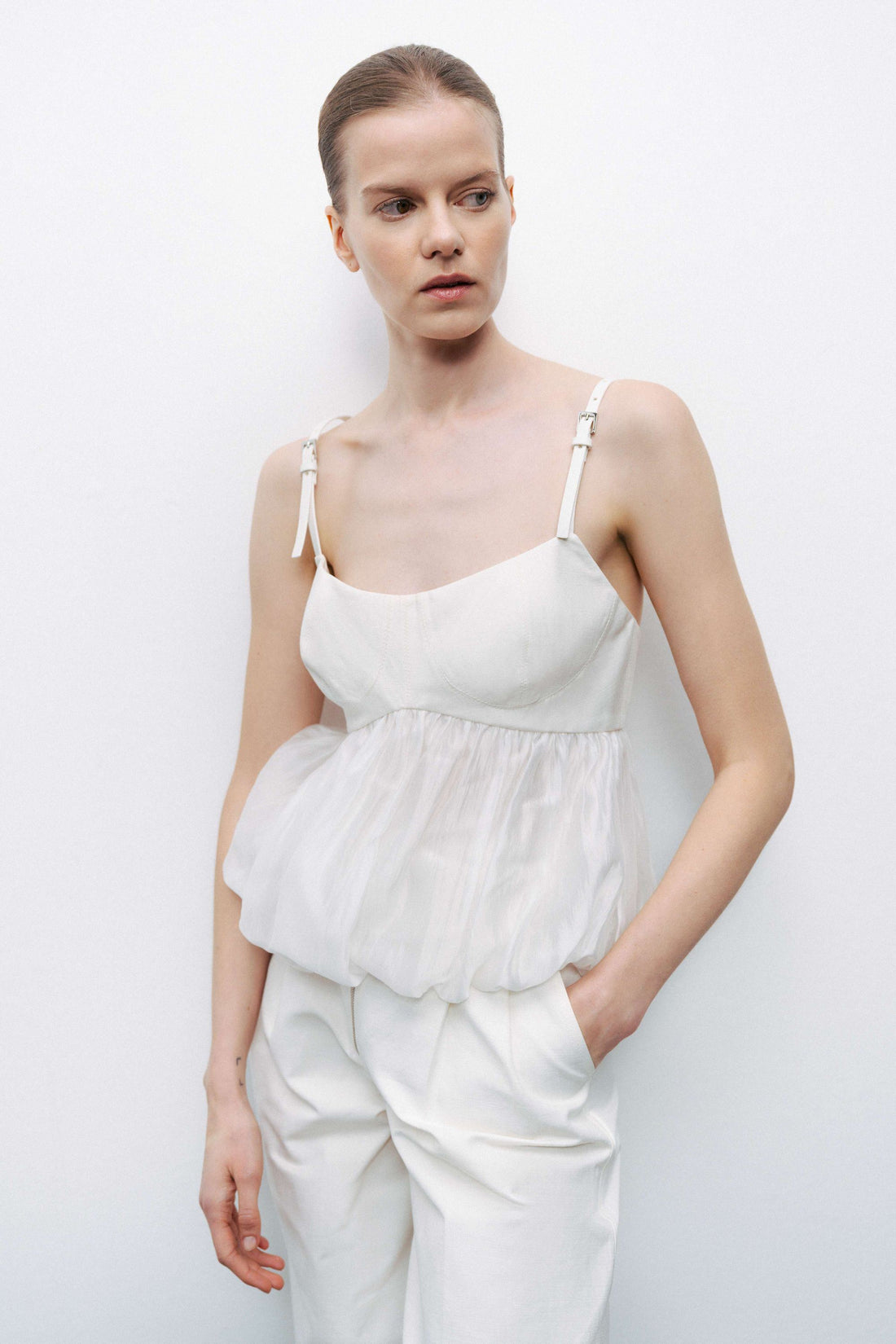 Ecru Belt Strap Detailed Crop Top