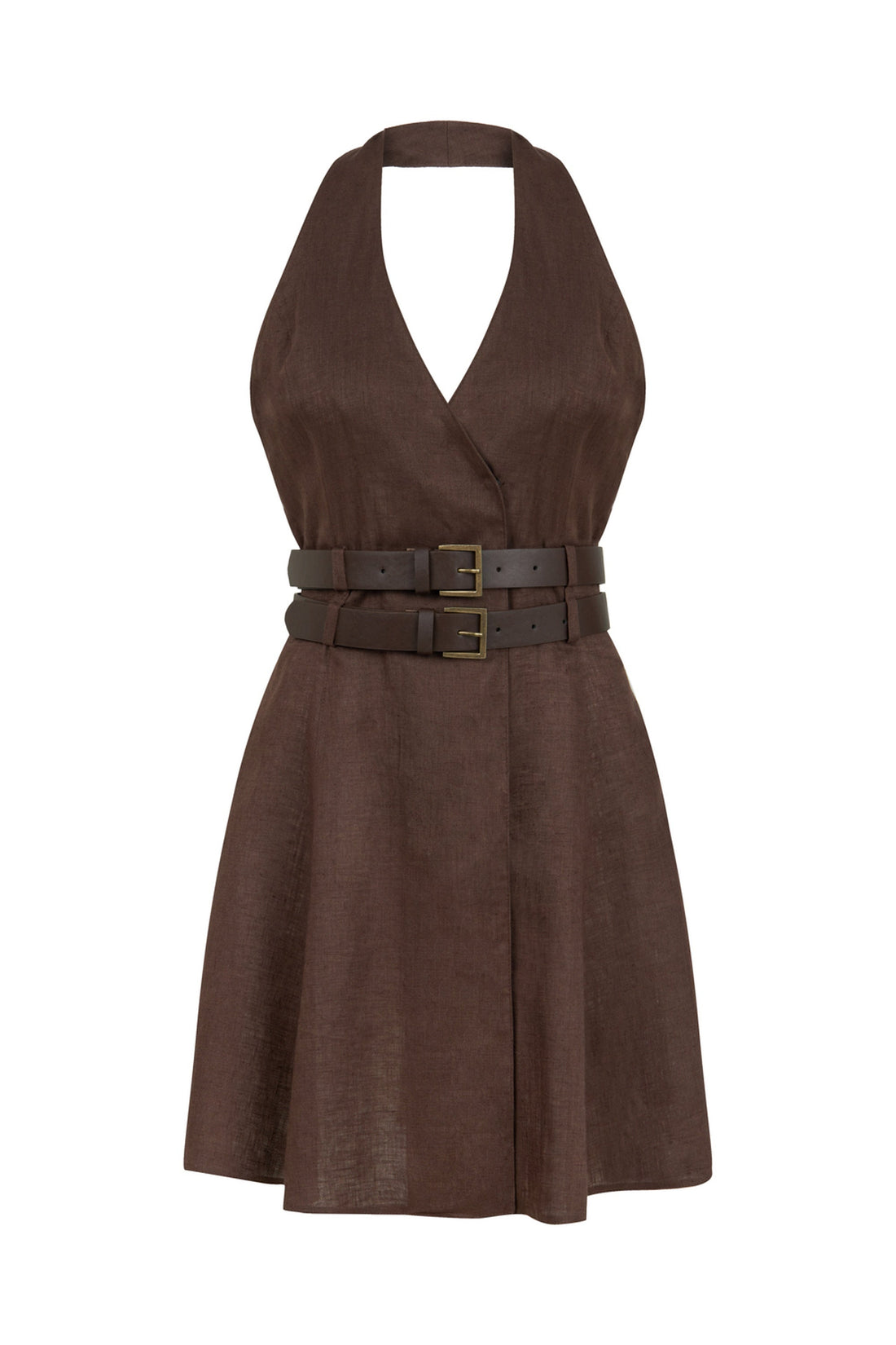 Coffee Double Belt Detailed Halter Neck Mini Dress