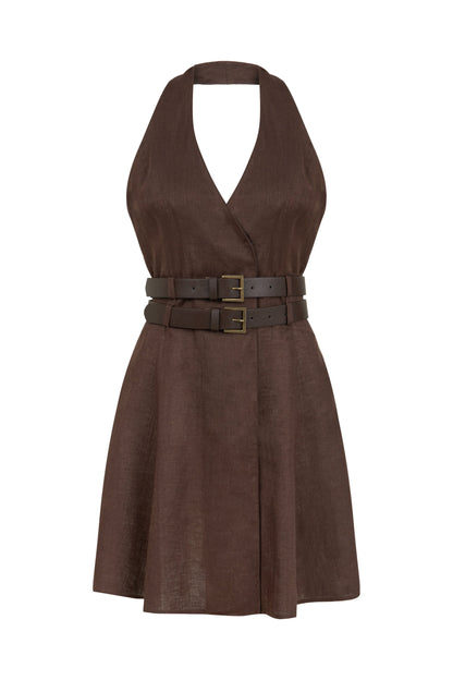 Coffee Double Belt Detailed Halter Neck Mini Dress