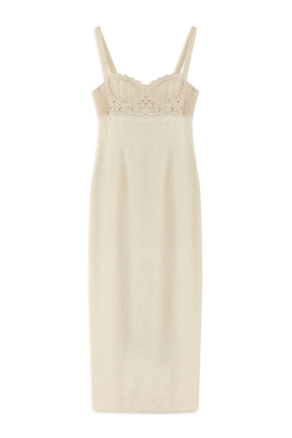 Ecru Linen Brode Detailed Sweetheart Maxi Dress