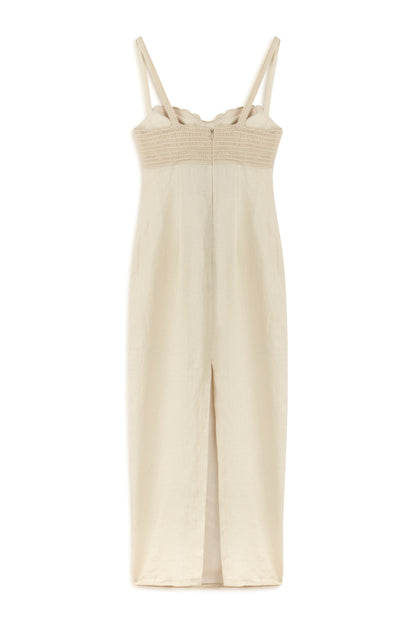 Ecru Linen Brode Detailed Sweetheart Maxi Dress