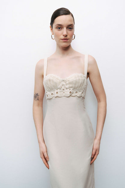 Ecru Linen Brode Detailed Sweetheart Maxi Dress