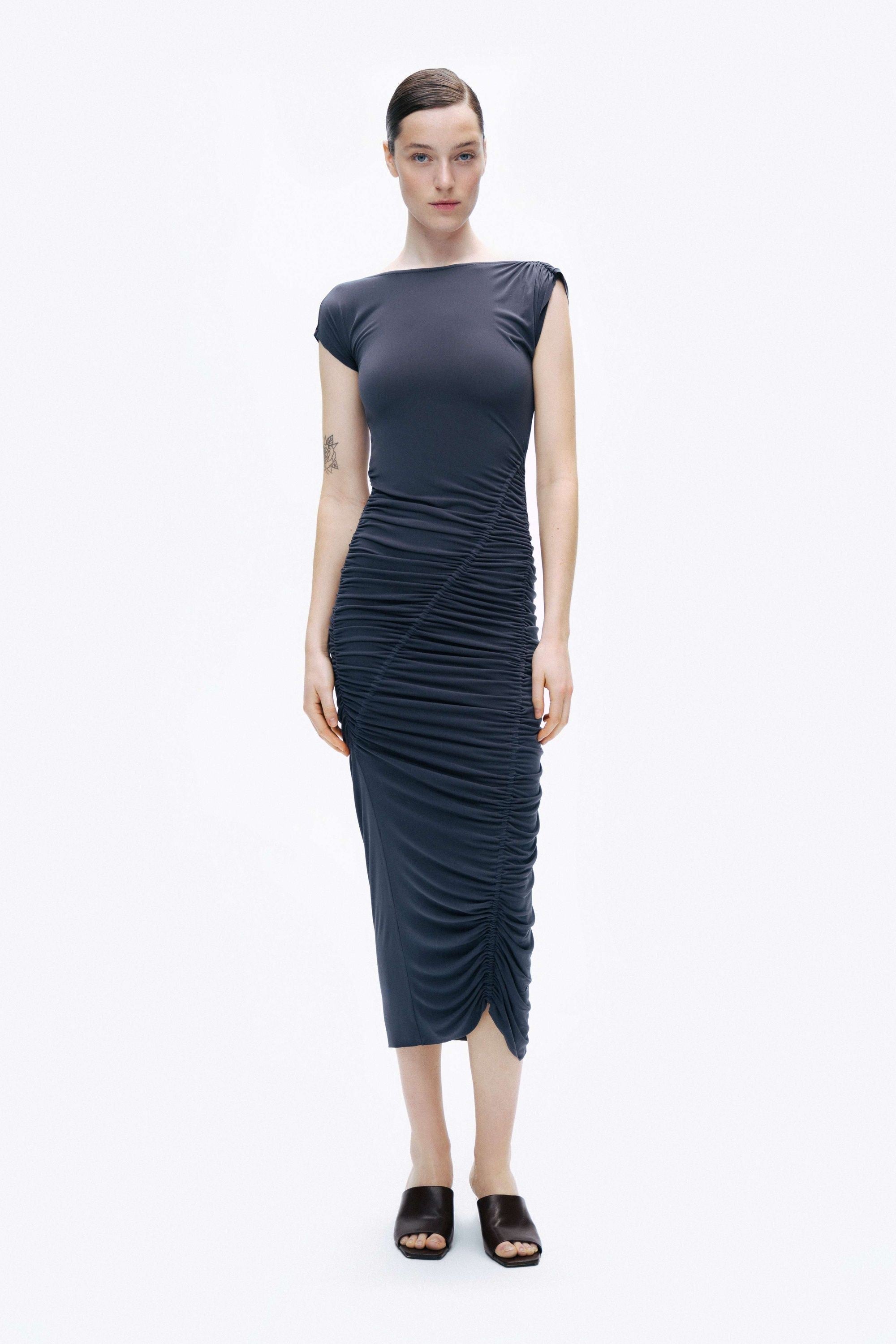 Anthracite Draped Pleated Maxi Dress