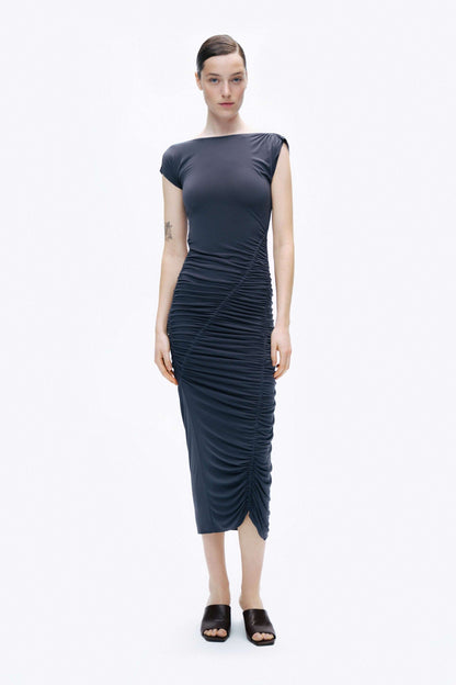 Anthracite Draped Pleated Maxi Dress