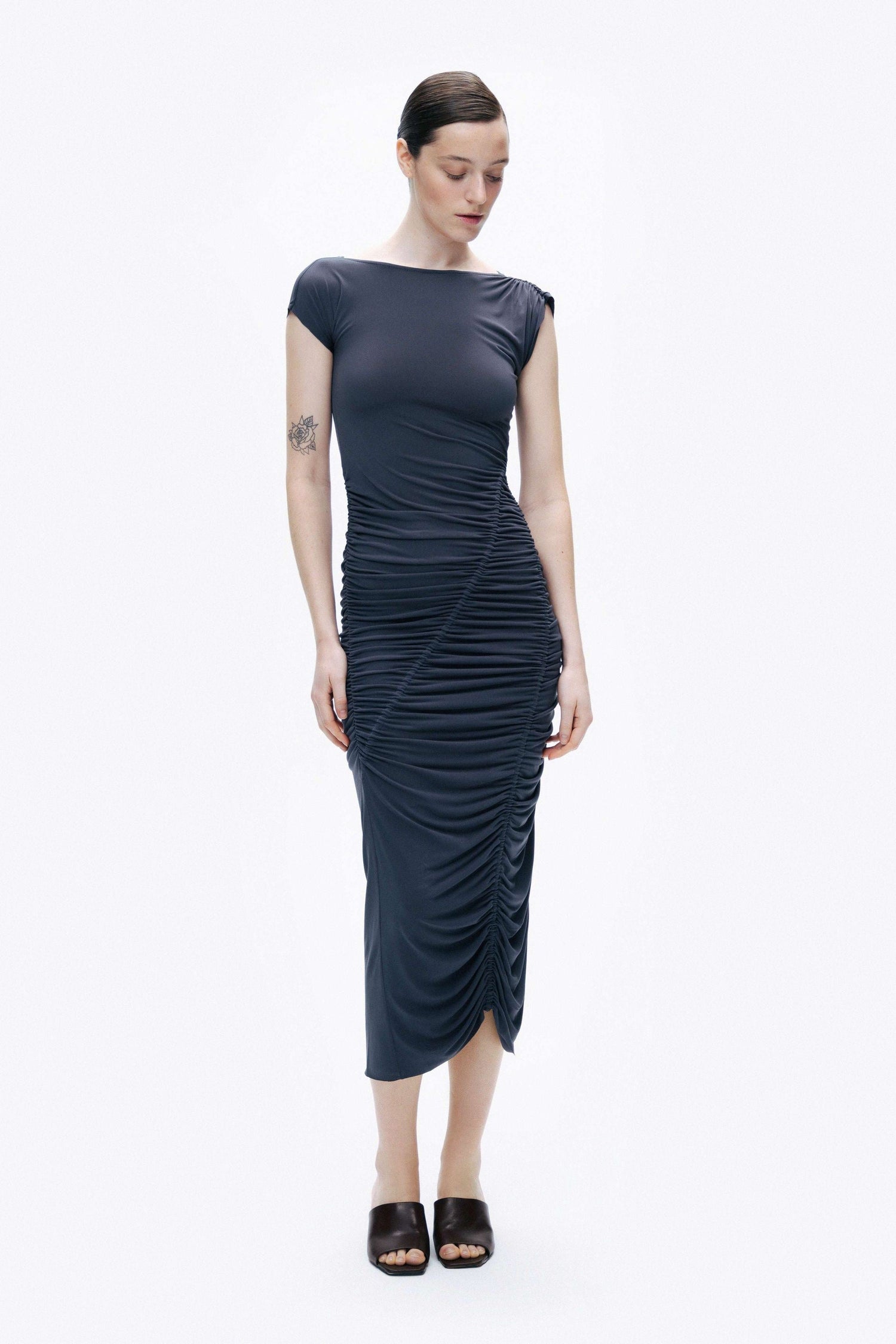 Anthracite Draped Pleated Maxi Dress