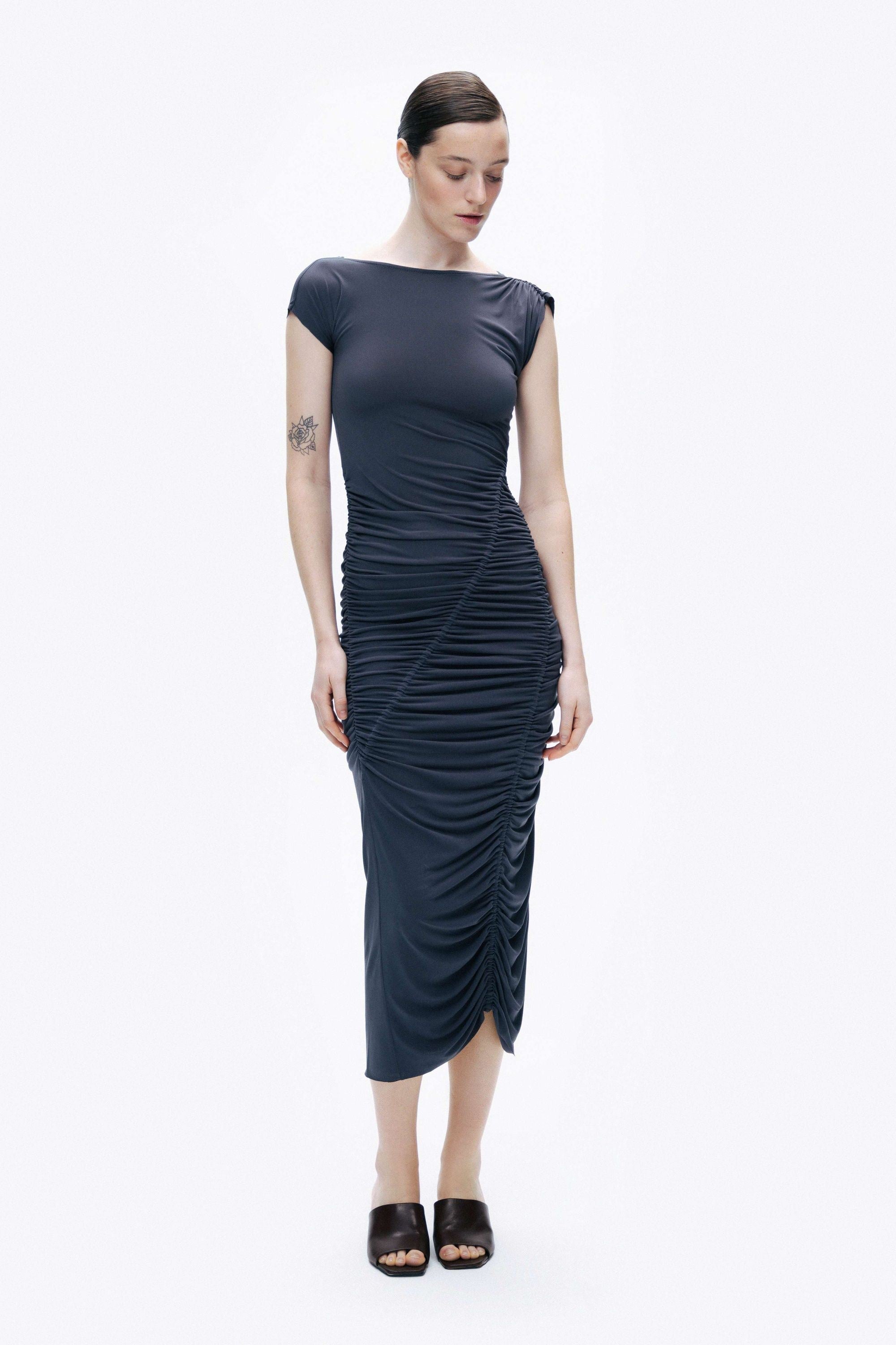 Anthracite Draped Pleated Maxi Dress