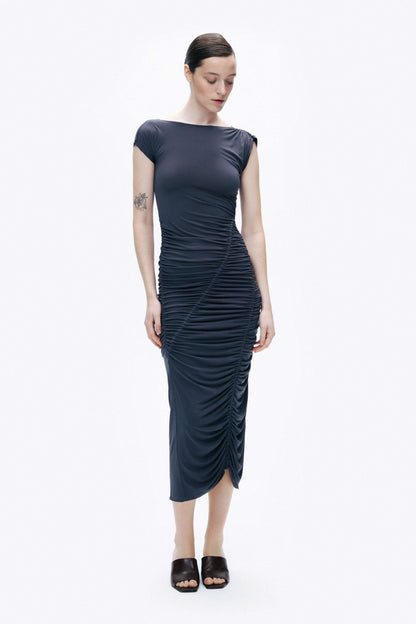 Anthracite Draped Pleated Maxi Dress