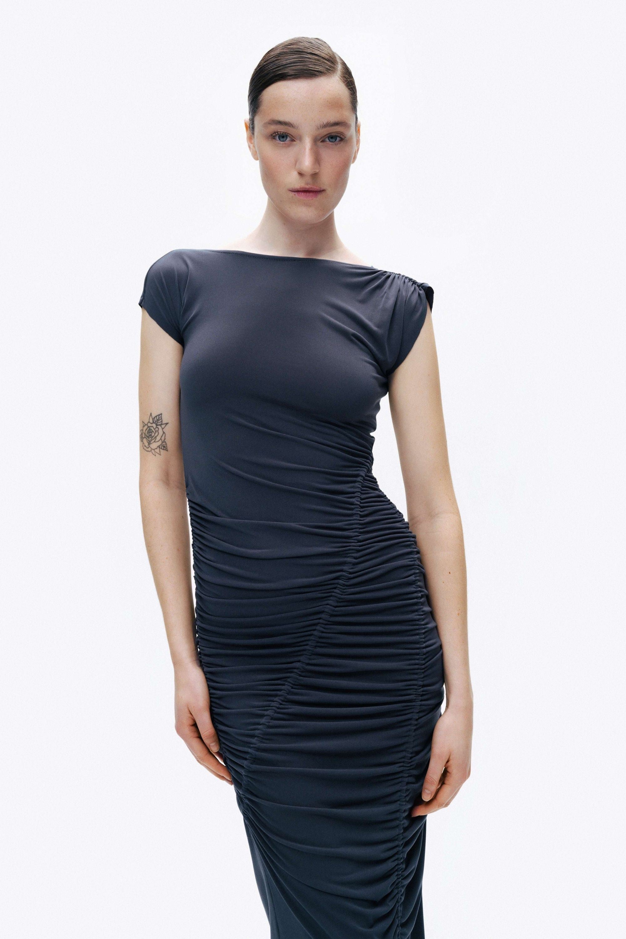 Anthracite Draped Pleated Maxi Dress
