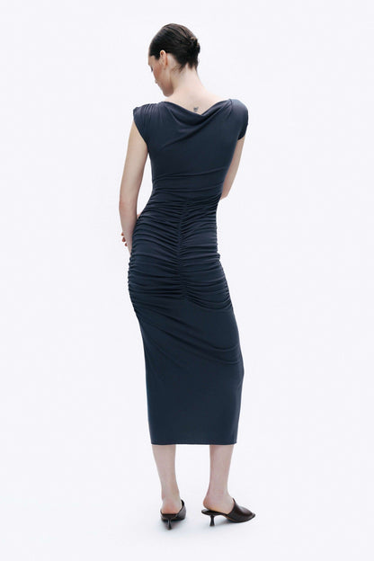 Anthracite Draped Pleated Maxi Dress