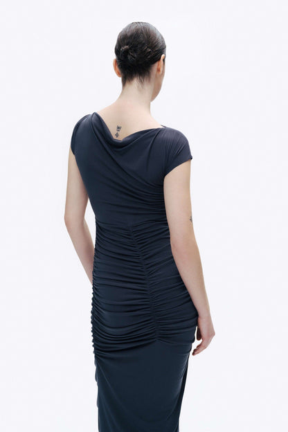 Anthracite Draped Pleated Maxi Dress