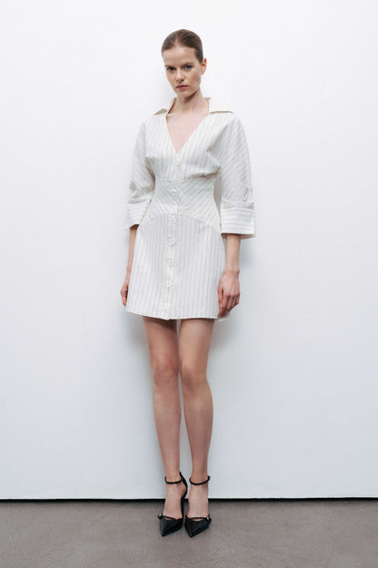 Corset-Inspired Linen Blend Striped Shirt Dress