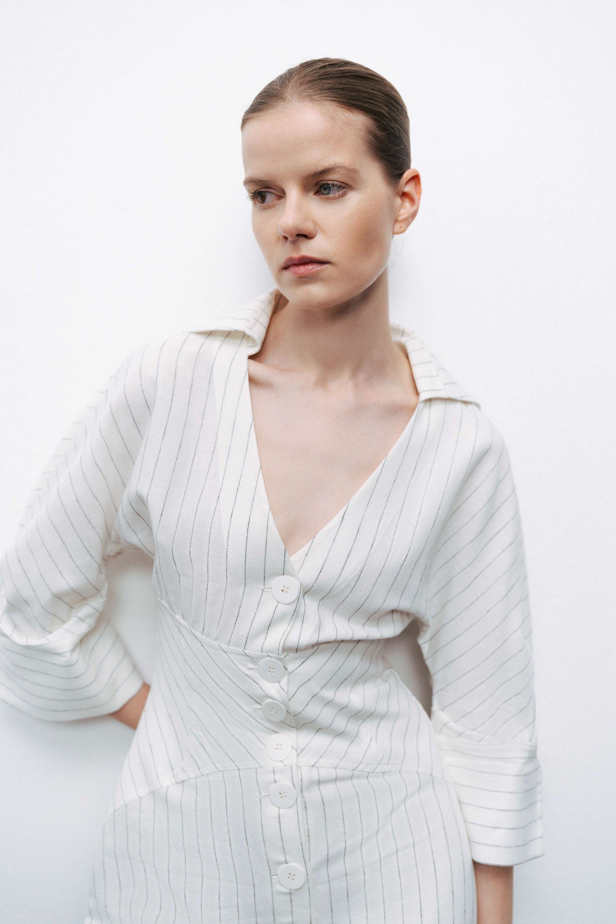 Corset-Inspired Linen Blend Striped Shirt Dress