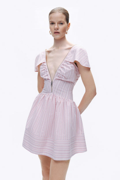 Pink Striped Mini Dress with Zipper Detail
