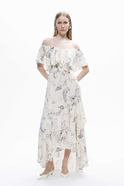 Ecru Floral Patterned Midi Dress with Sash Tie