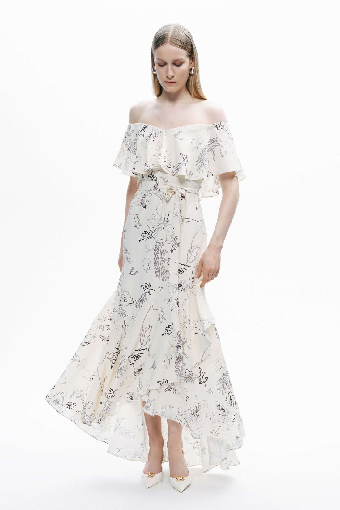 Ecru Floral Patterned Midi Dress with Sash Tie