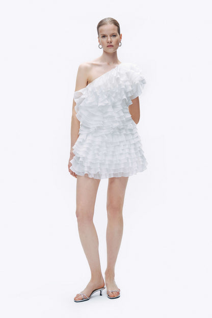 Ecru Mini Dress with Layered Ruffle Details