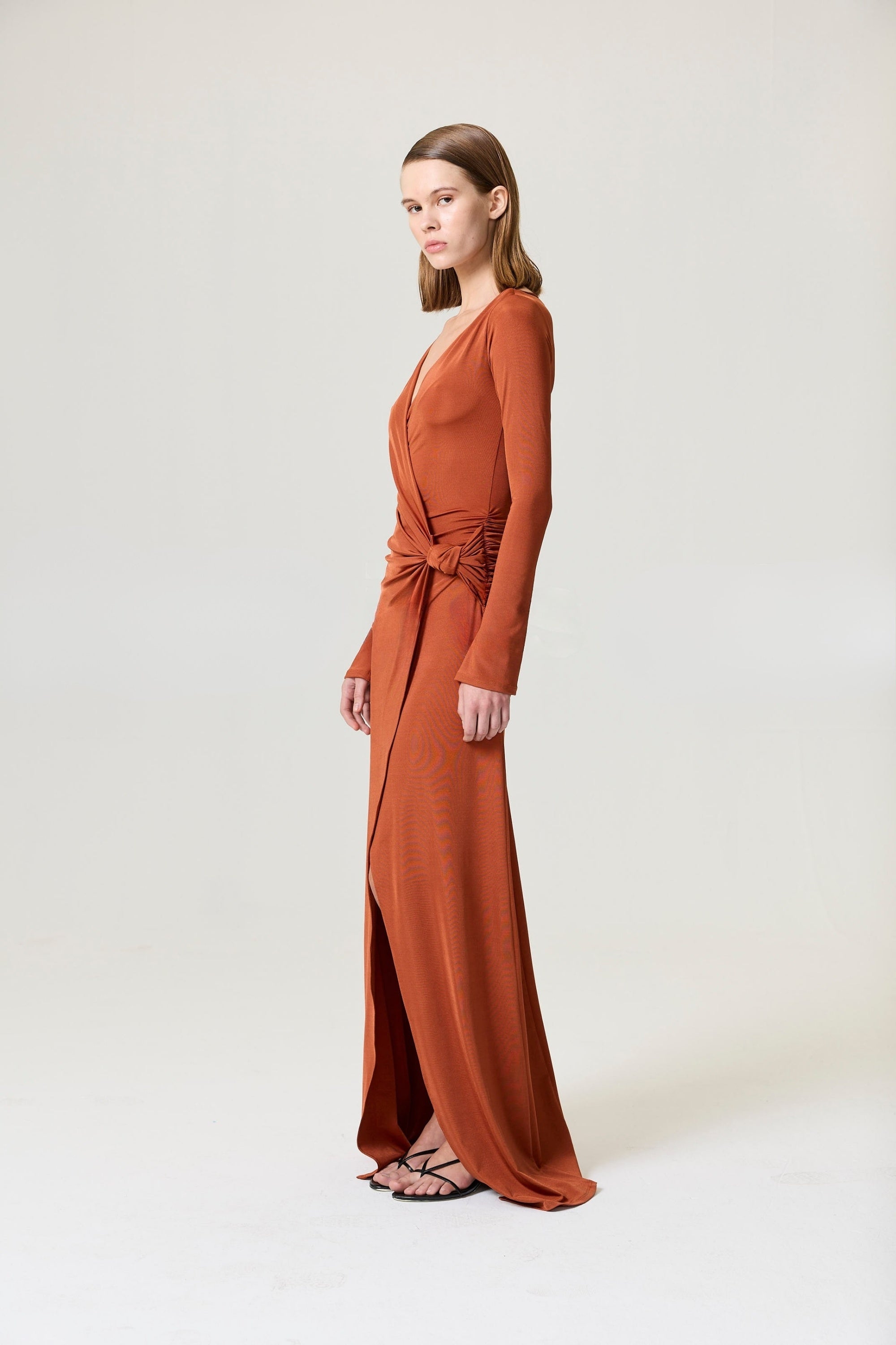 Cinnamon Knot Detail Slit Maxi Dress