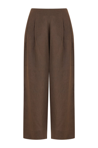 Coffee Linen High Waist Pleated Pants