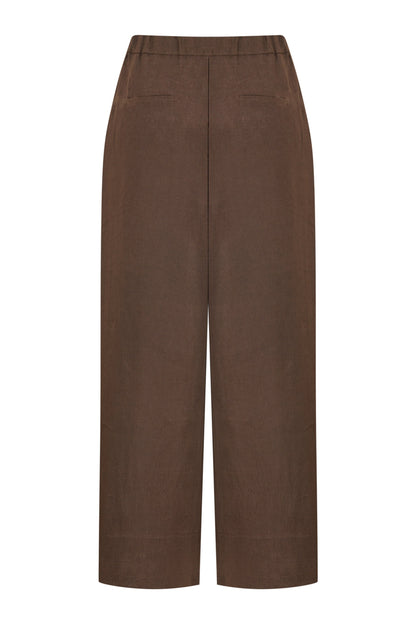 Coffee Linen High Waist Pleated Pants