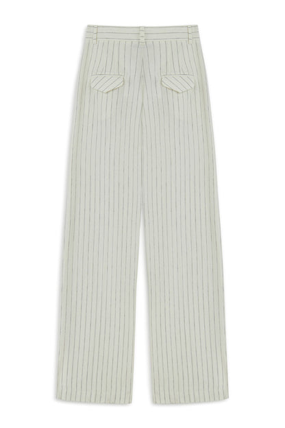 Linen Blend Ecru Striped High Waist Pants