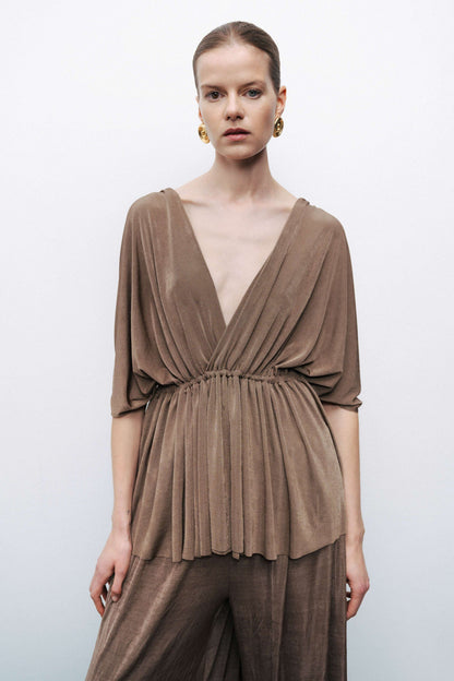 Bronze V-Neck Beaded Accessory Blouse