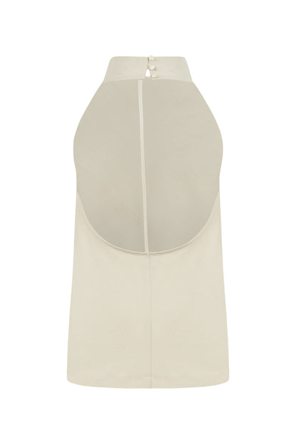 Beige Draped Neckline Open Back Detailed Blouse